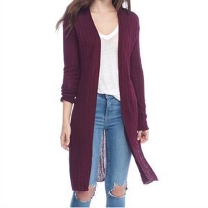 Free People Ribby Rib Linen Blend Long Cardigan Duster Maroon